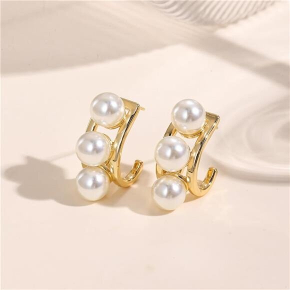 14K Gold-Plated Triple Pearl Drop Earrings – Elegant, Hypoallergenic - Picture 3 of 4
